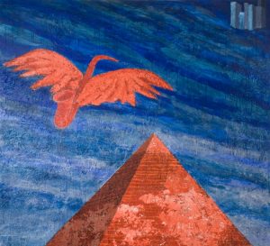 Gavin Jantjes: A saxophone with wings flying above a pyramid