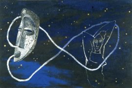 A mask and a drawing of woman linked by a cord in an infinity sign