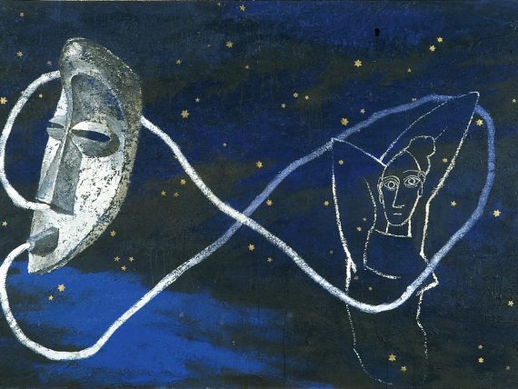 A mask and a drawing of woman linked by a cord in an infinity sign