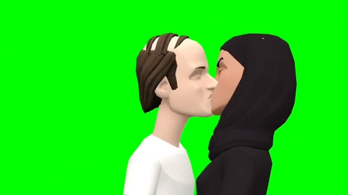 Two avatar figures one wearing a hijab, the other a man with a comb-over, kissing against a green screen